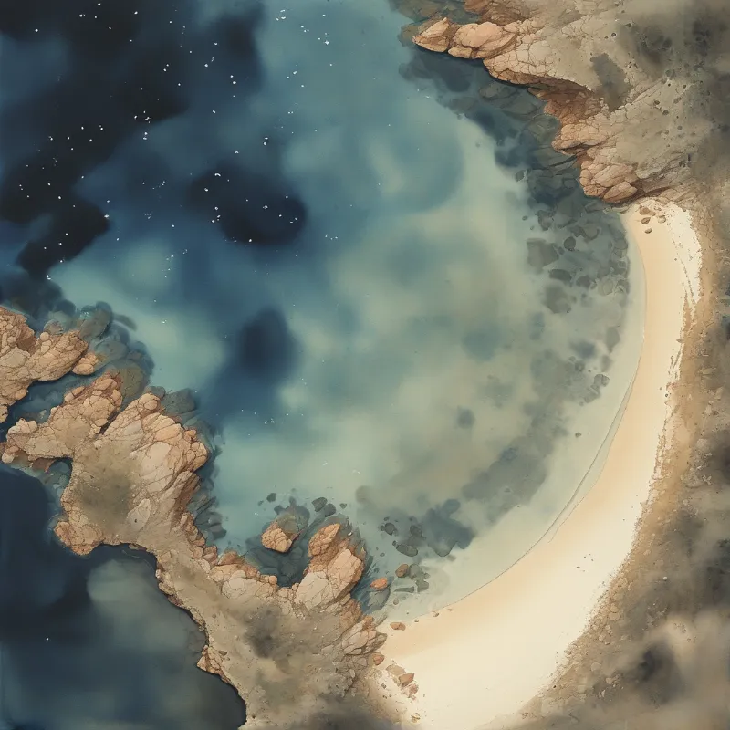Aerial view of a curving sandy shore flanked by rocky cliffs showing blue water with scattered white specks and soft light