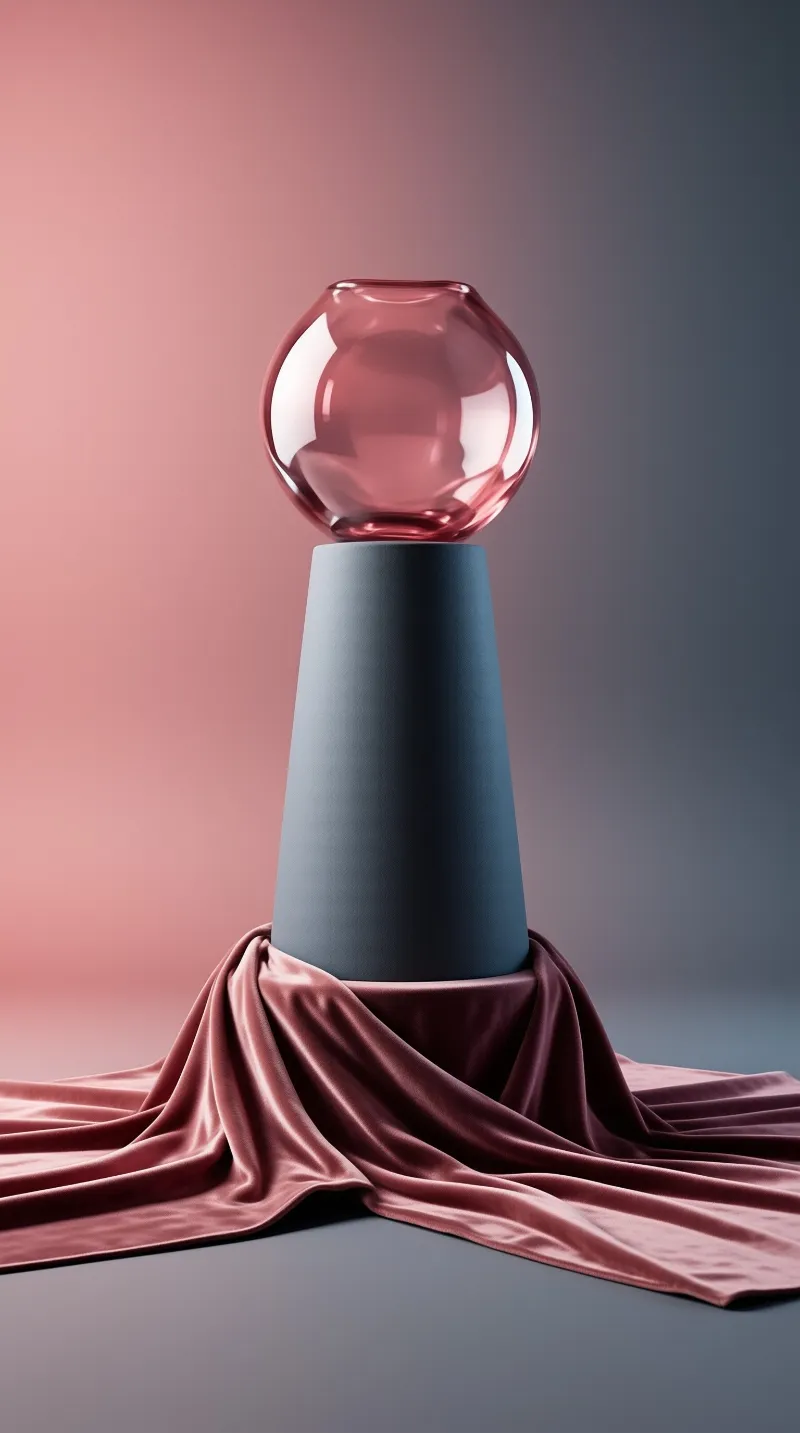 A translucent pink glass sphere rests on a matte grey pedestal wrapped in draped velvet fabric under soft studio lighting.