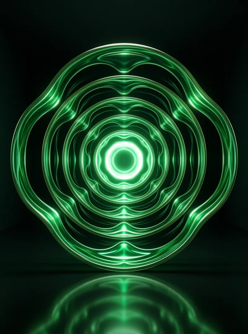 Nested luminous circles of emerald light ripple outward from a bright core across a dark reflective floor.