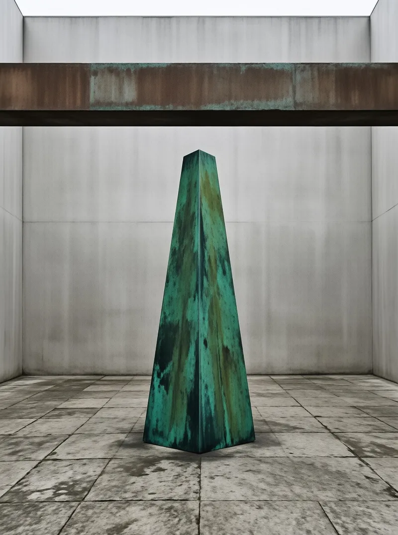Tall tapered metal sculpture with green patina stands alone in stark gray concrete room interior.