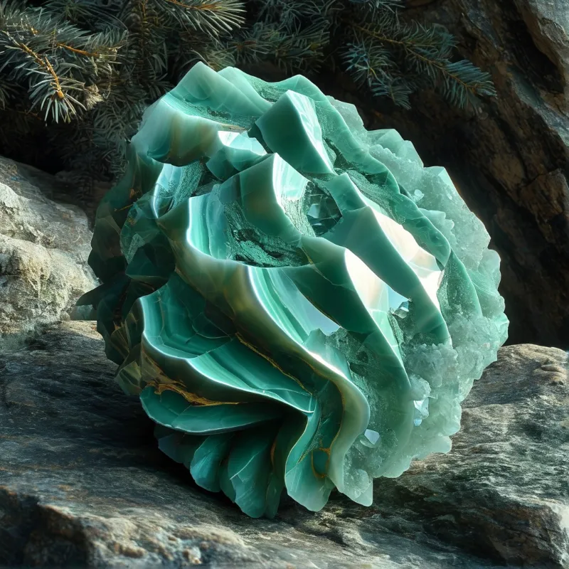 Translucent green mineral with swirly patterns rests on rough rocks surrounded by pine branches and sunlight.