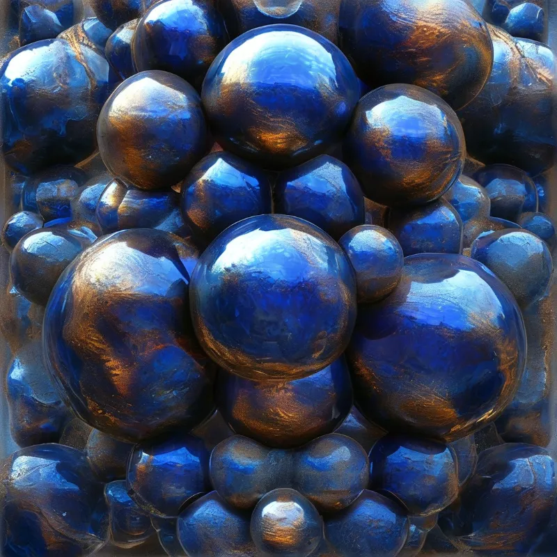 Numerous glossy blue metallic balls are piled together showing bright golden highlights and deep blue shadows.