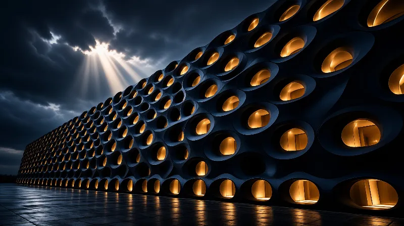 Honeycomb Facade Glowing Under Stormy Sky