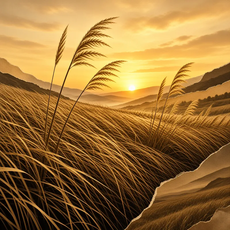 Collage of torn paper edges revealing golden grasses and rolling hills lit by a low sun