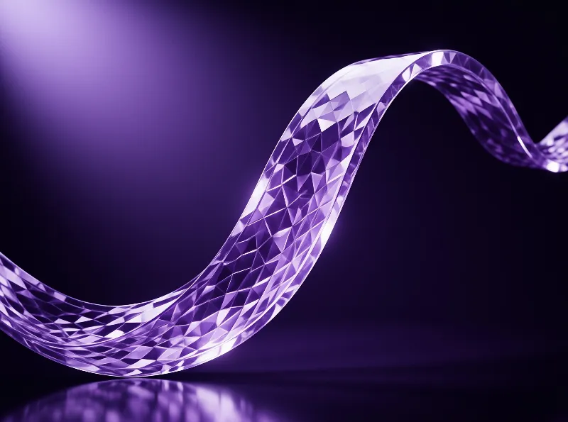 A smooth purple ribbon with a diamond cut surface flows gracefully across a dark background catching bright light.