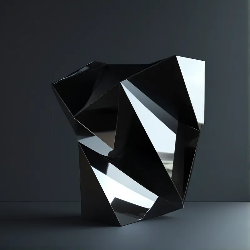 A large abstract shape composed of shiny black planes sits on a dark surface reflecting bright white light.