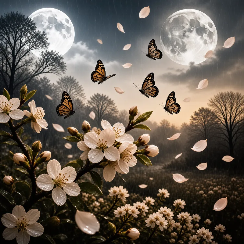 Orange winged butterflies circle white spring blossoms while two full moons glow over a dusky rainy orchard skyline