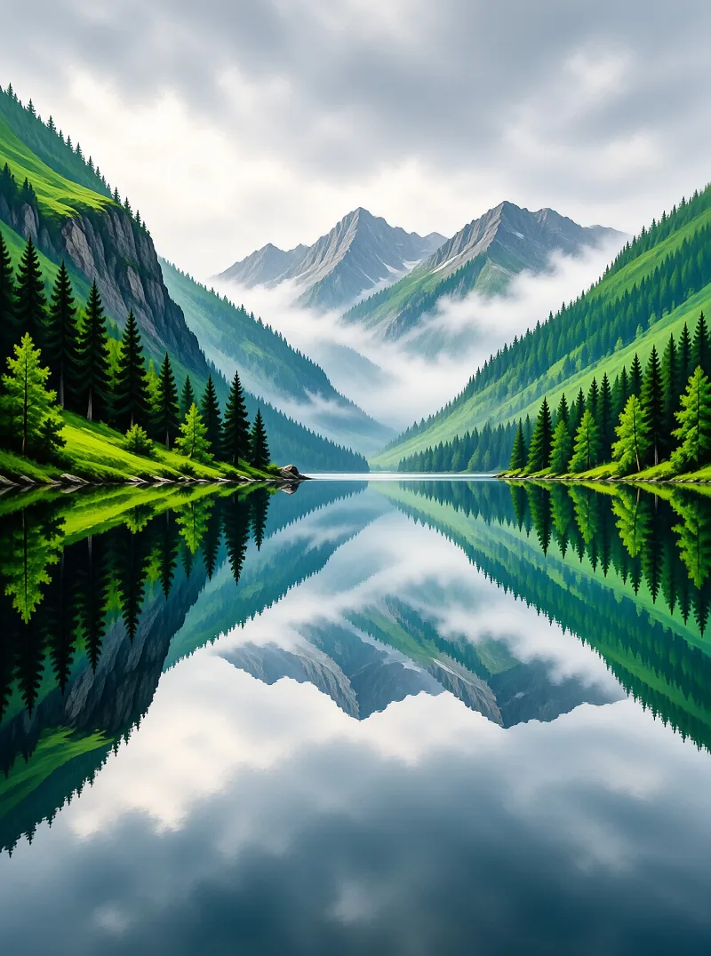 Towering green mountains and fog filled valleys are mirrored perfectly on the still surface of an alpine lake