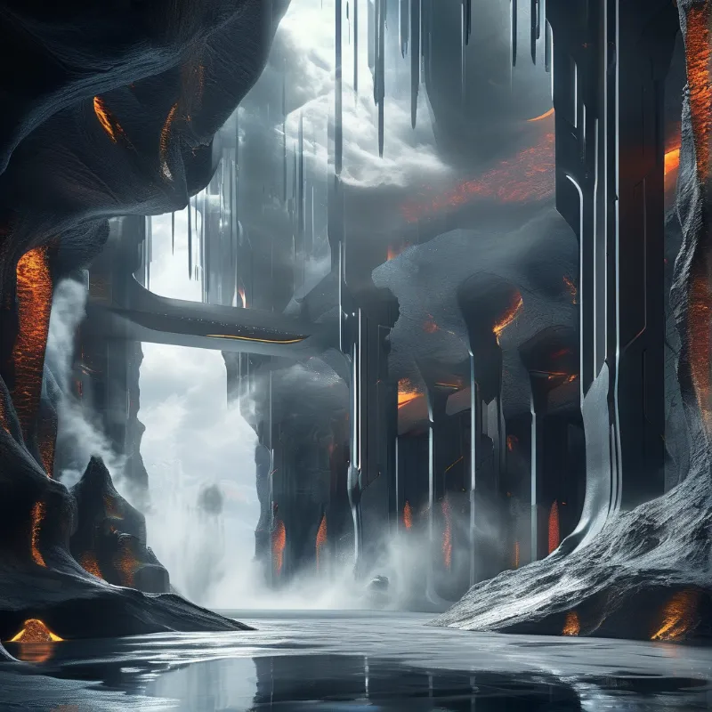Vertical dark stone pillars glow with orange cracks above a still reflective pool in a foggy cavern.