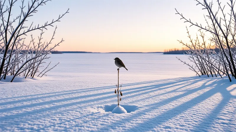 A bird rests on a dried stalk rising from snow while low sunlight casts long blue shadows across the landscape.