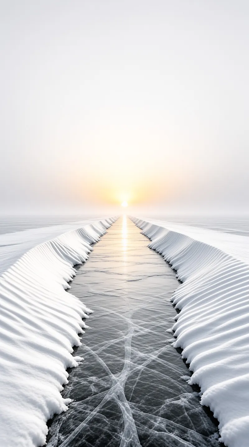 A cleared ice path runs between snow drifts towards the sun on the horizon.