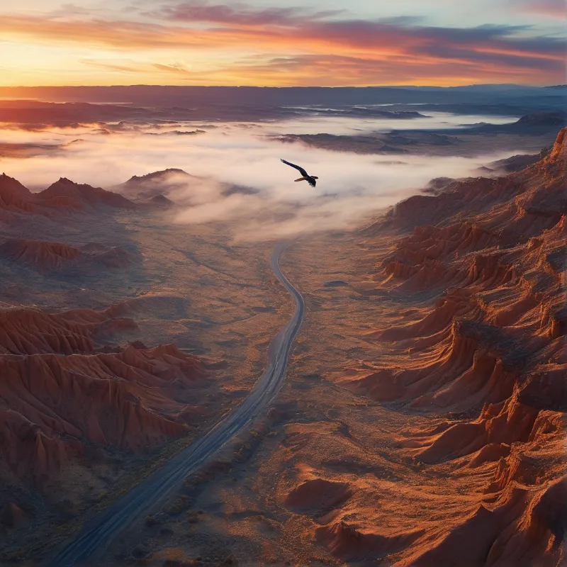 A bird glides over fog-filled canyons beside a curving asphalt path illuminated by warm sunset colors.