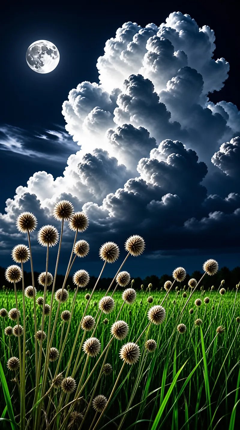 Dried thistle flowers stand in a green field beneath a bright moon and massive illuminated clouds in a deep blue night sky.