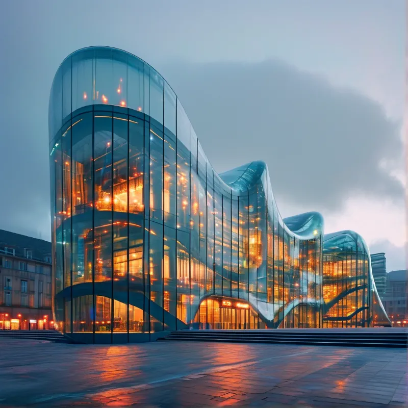 Wavy Glass Building At Dusk