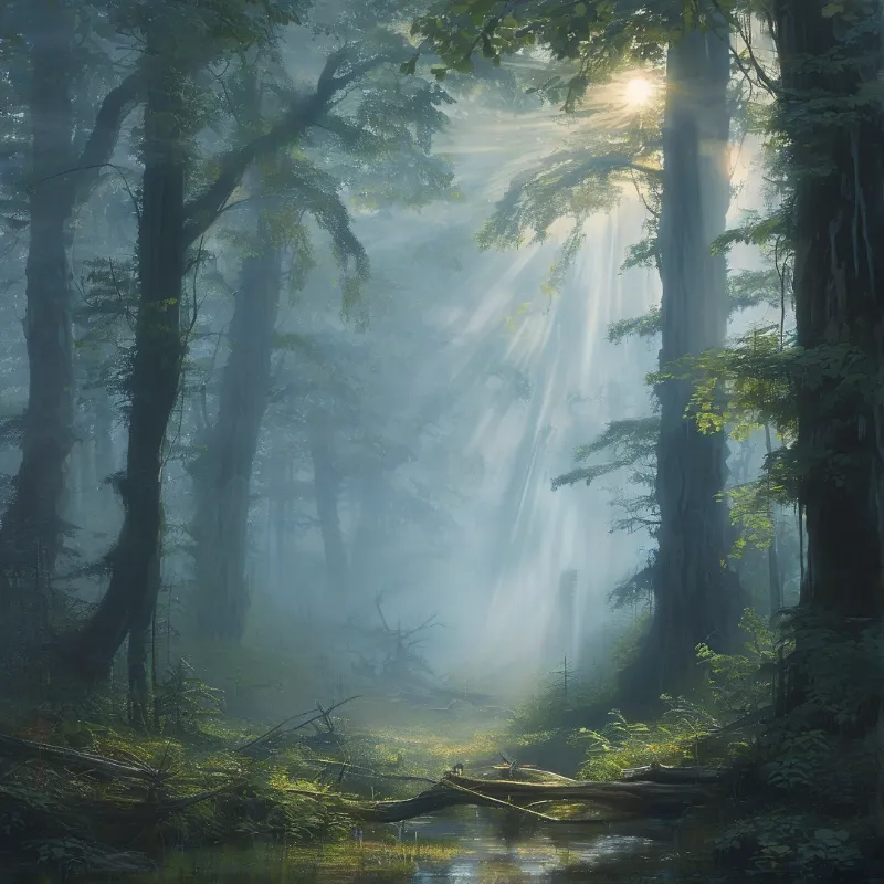 Shafts of light break the canopy and land on fallen logs and ferns in a hushed moss covered woodland.