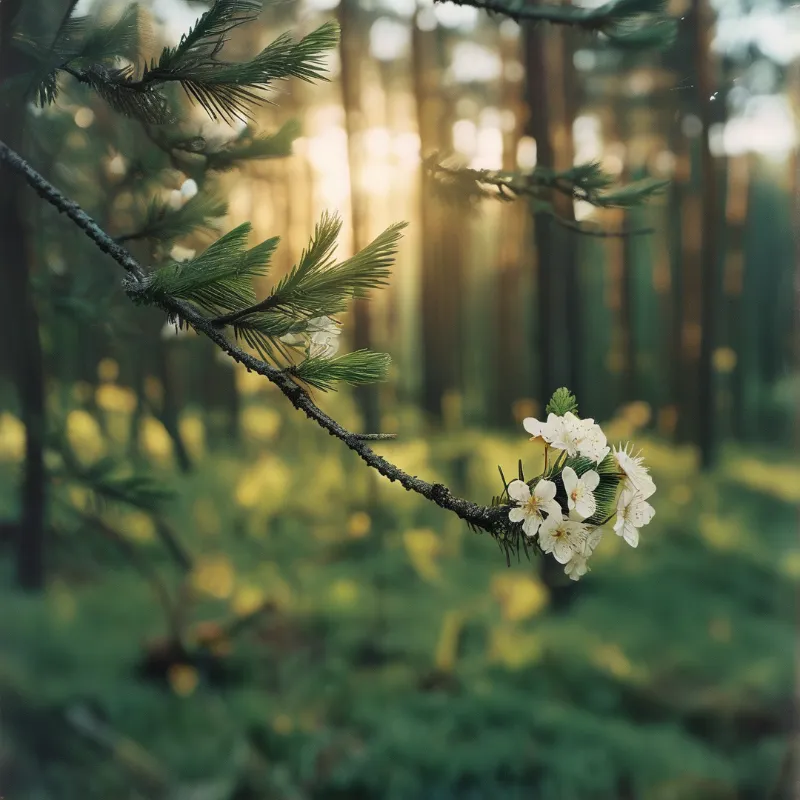A pine branch with white flowers extends across a blurred forest, bathed in warm golden sunlight.