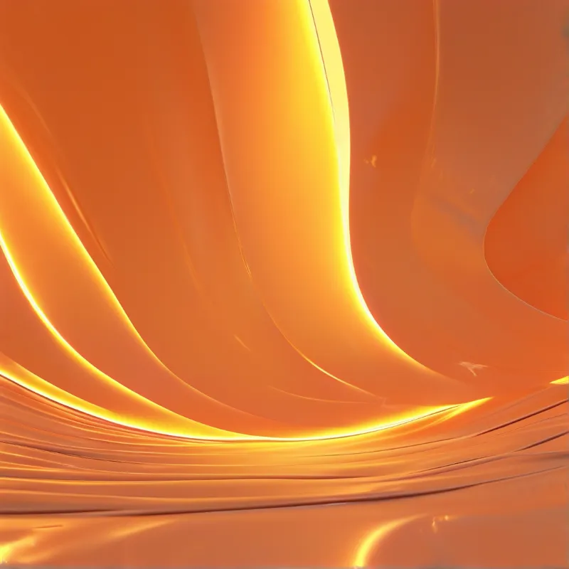 Glossy undulating shapes in warm orange hues feature bright yellow reflections along their crests creating a fluid look.