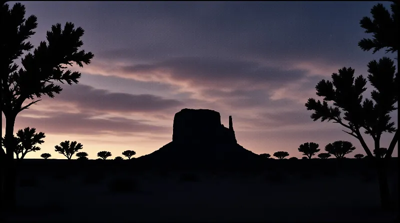 A flat topped desert butte rises against a pink and navy twilight sky between silhouetted trees.