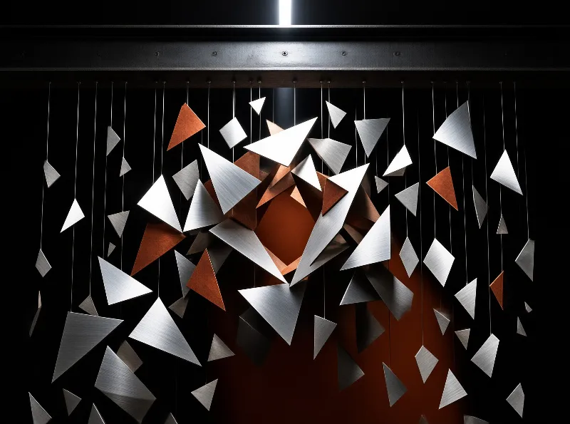 A modern mobile art installation with suspended metallic geometric shapes in silver and copper tones lit from above.