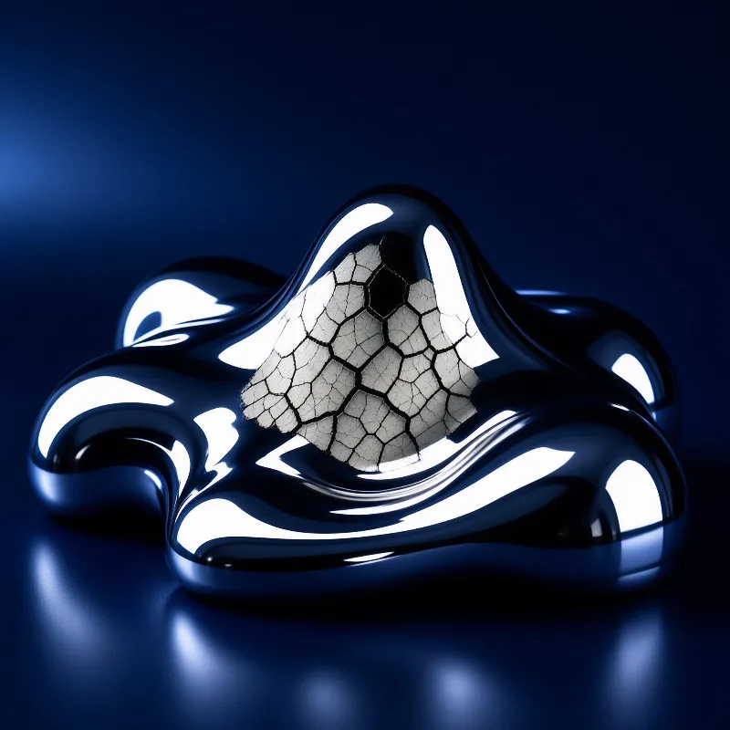 A glossy chrome liquid-like abstract shape resting on a dark blue surface, featuring a textured cobblestone patch in the center with bright reflective highlights along its curves.