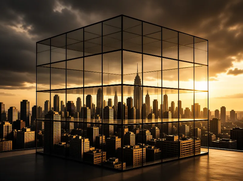 A transparent cubic frame sits on a rooftop displaying a scale model of a metropolis under golden light.