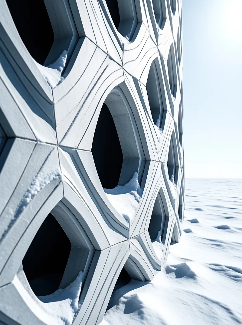 A white perforated wall displays deep hexagonal holes filled with snow under bright winter sun.