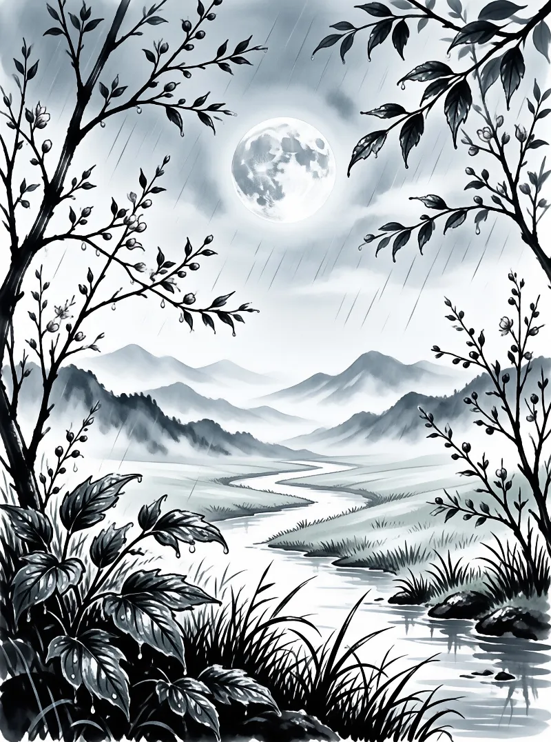 A monochrome ink wash scene of a full moon above misty mountains and a winding river framed by leafy branches.
