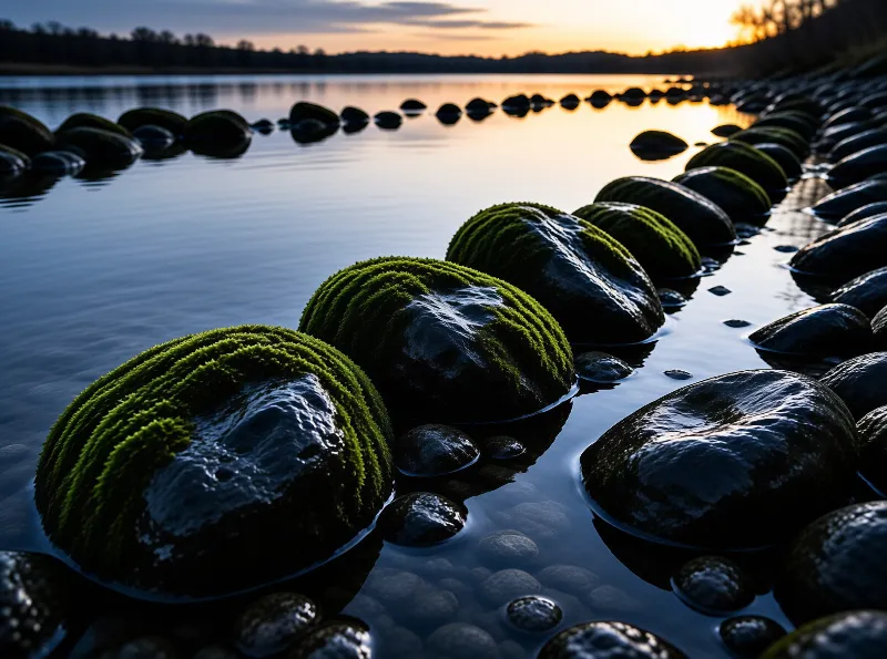A calm river flows between mossy stones at sunset with orange sky reflecting on dark water and pebbles.