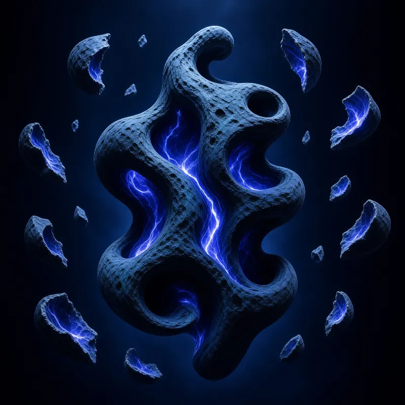 A twisted rocky asteroid floats in a black void emitting bright blue electric energy from its hollows.