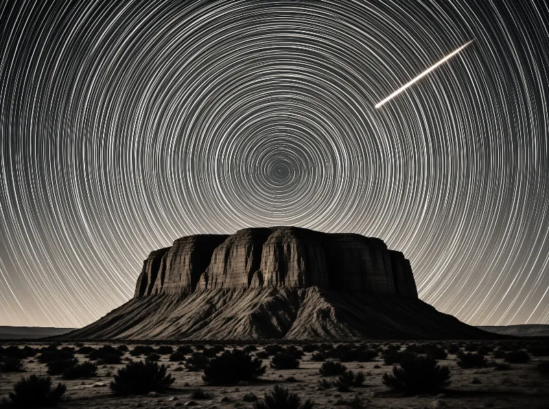 Concentric star trails circle the night sky over a dark mesa rising from a desert scrub plain