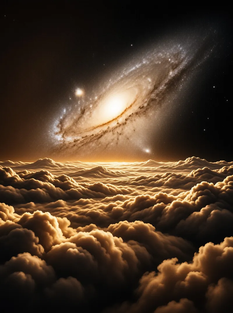 A spiral galaxy hangs in a dark sky above an endless rolling landscape of golden clouds illuminated by warm light