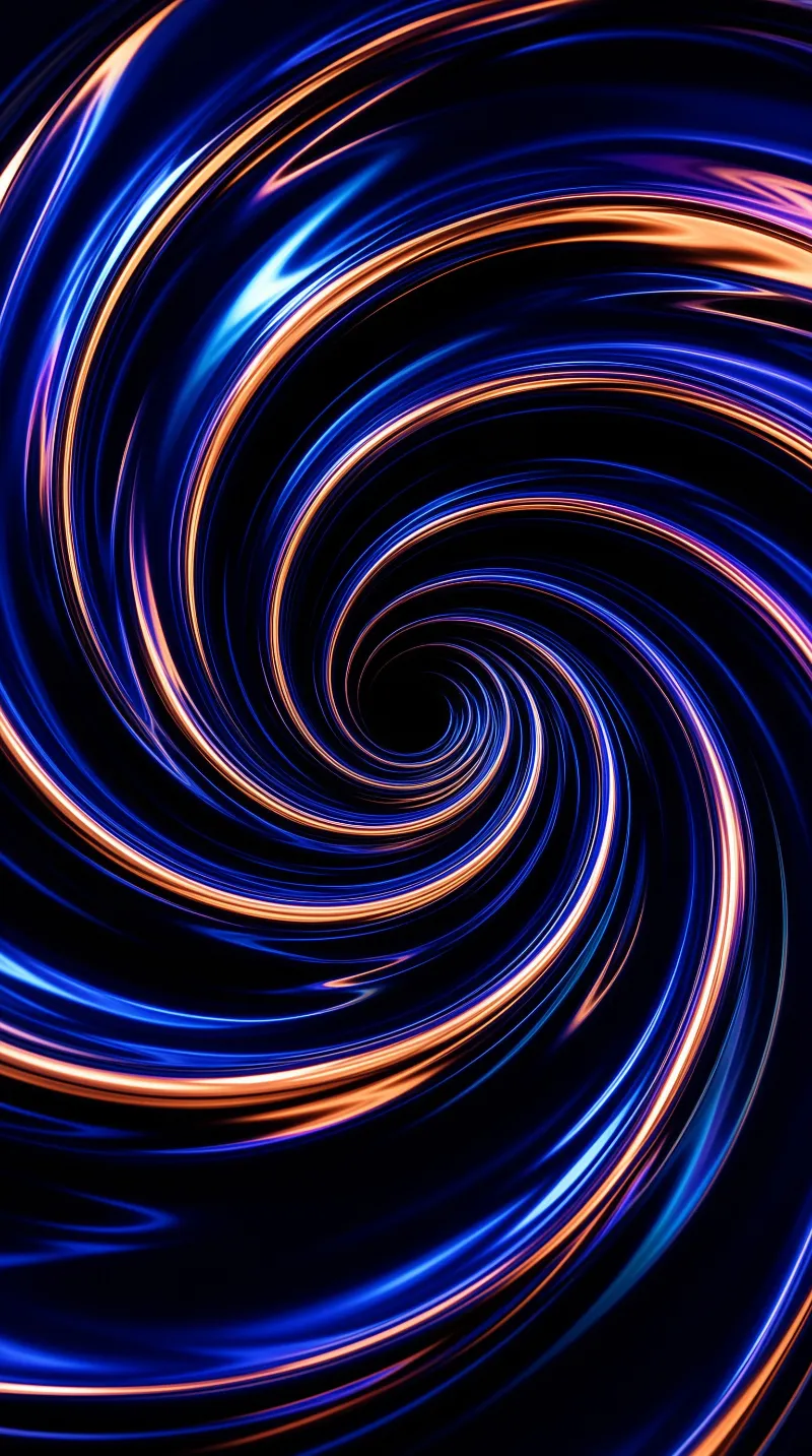 A mesmerizing spiral of luminous blue and copper streaks curves inward against a pitch-black background.