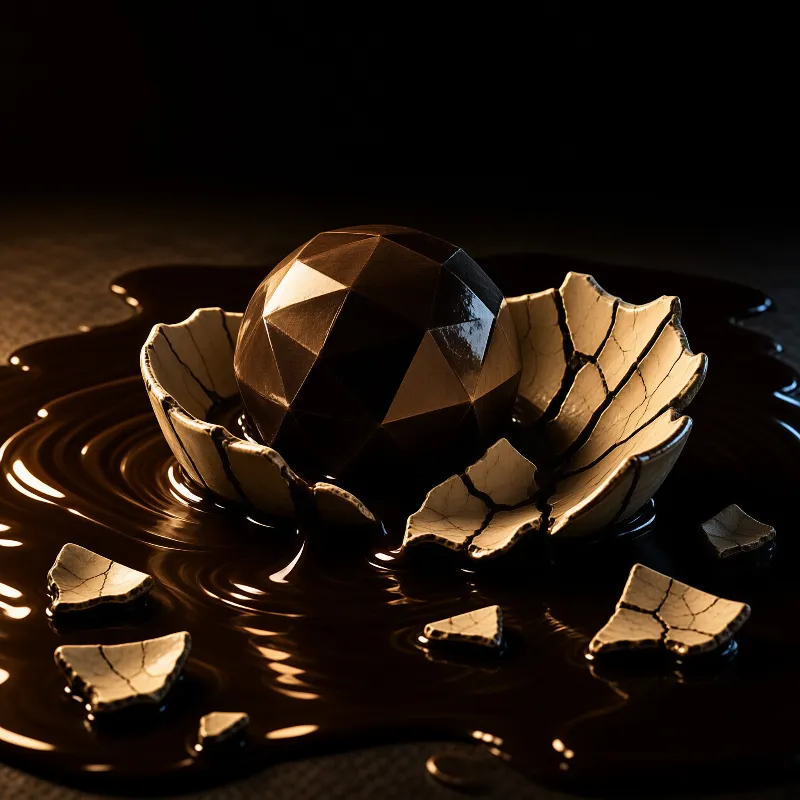 A geometric bronze sphere sits within a shattered shell submerged in dark viscous liquid surrounded by broken pieces.