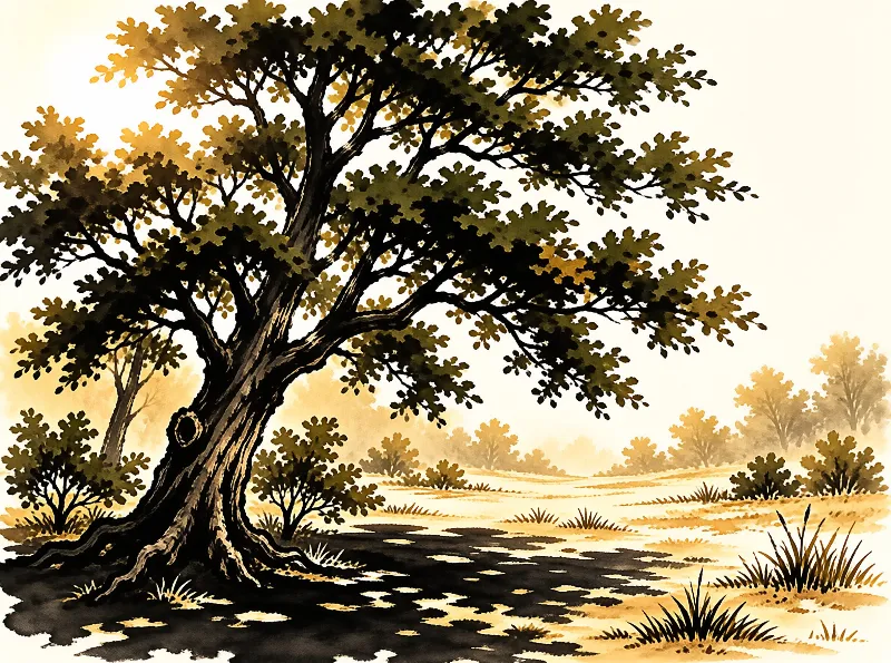 A large gnarled oak with dark leaves stands in a golden meadow, casting a long shadow over dry grass in bright sunlight.