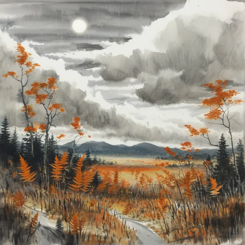 A watercolor painting depicts a road winding through orange autumn ferns with distant mountains under a cloudy sky.