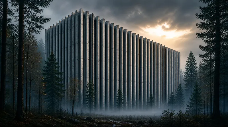 A tall concrete colonnade stands in a misty forest as the sun sets behind it, casting warm light through the trees