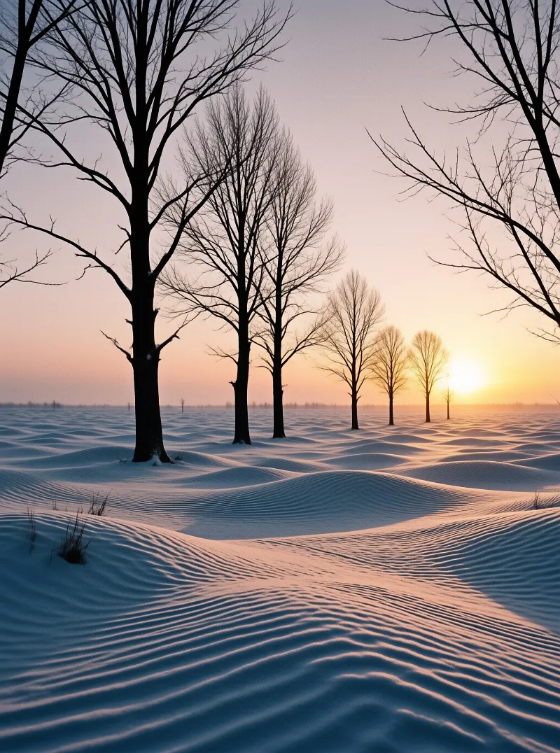 A row of leafless trees stands in a snowy landscape illuminated by warm low sun light casting long shadows across the ground.
