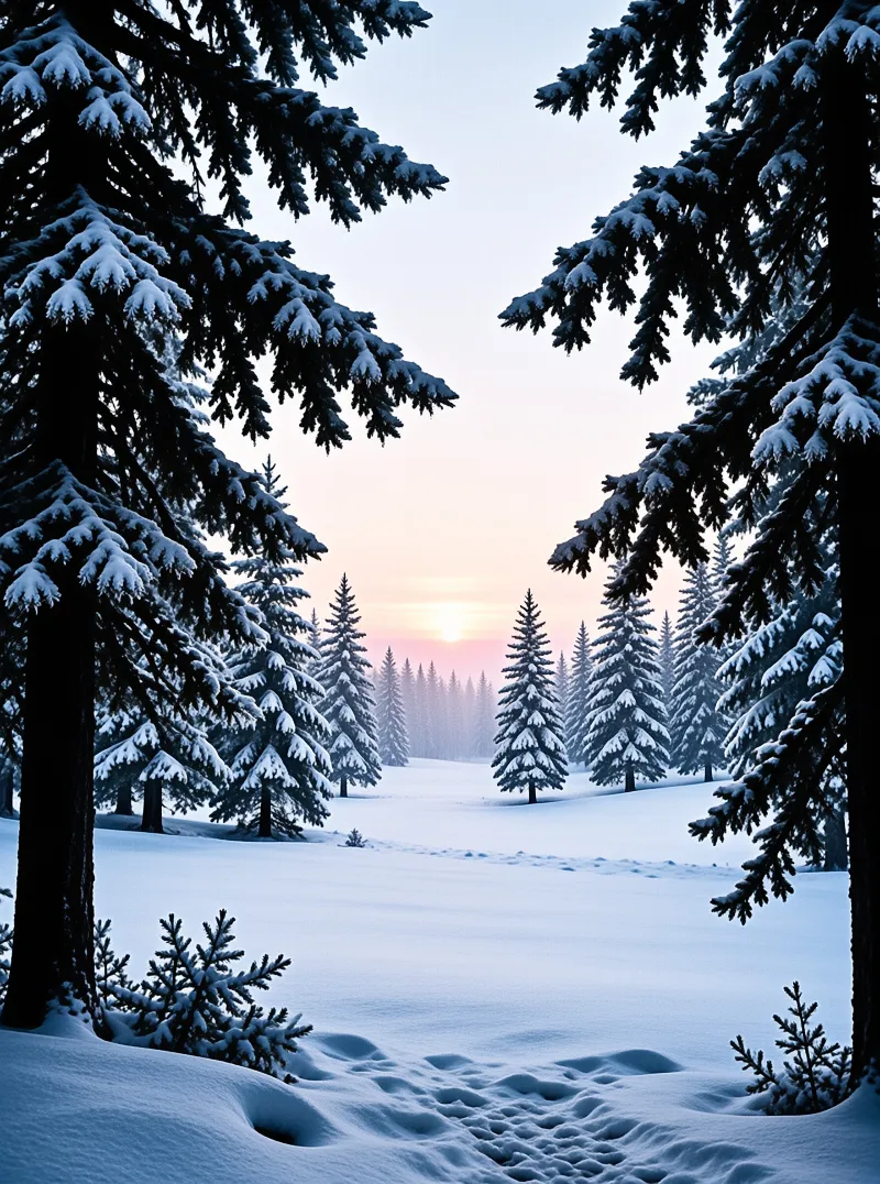 Dark evergreen branches frame a vast snowy field under a gradient sky transitioning from blue to pink.