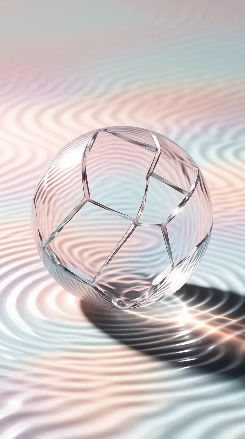 A faceted transparent orb refracts soft pink and blue light across gently waving iridescent ridges below it