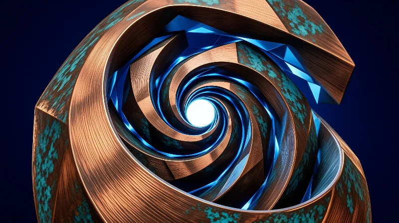 A spiraling copper structure twists inward toward a bright white light surrounded by blue edges.
