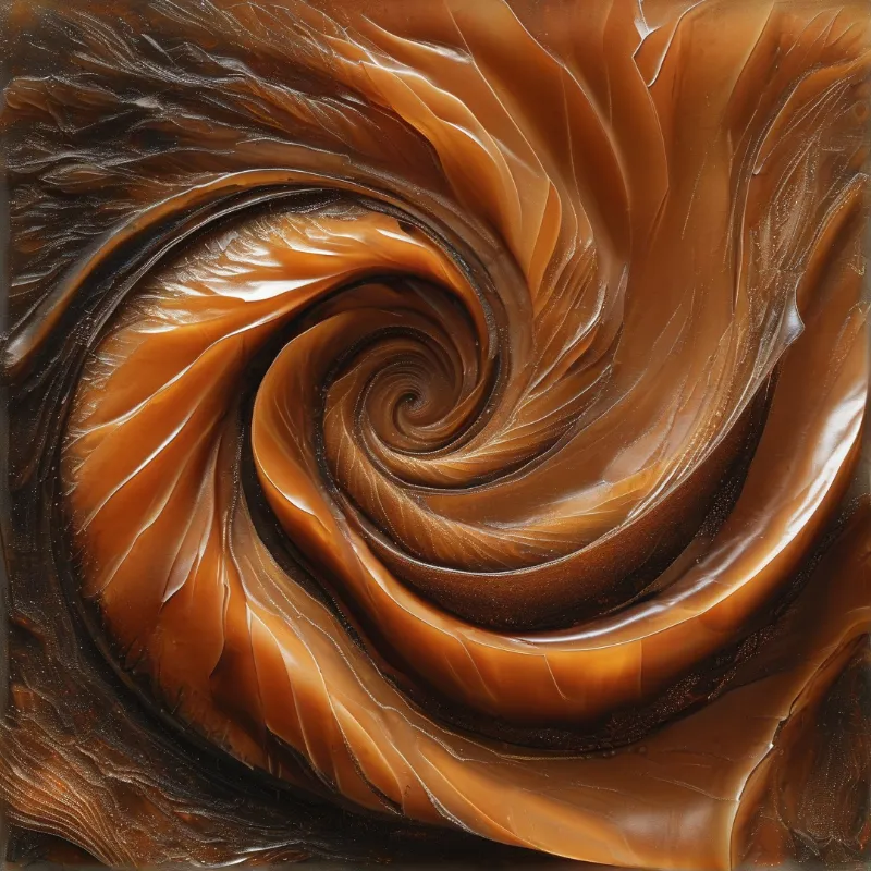A glossy abstract relief spirals outward in ribbons of amber, caramel and deep brown resin with soft highlights.