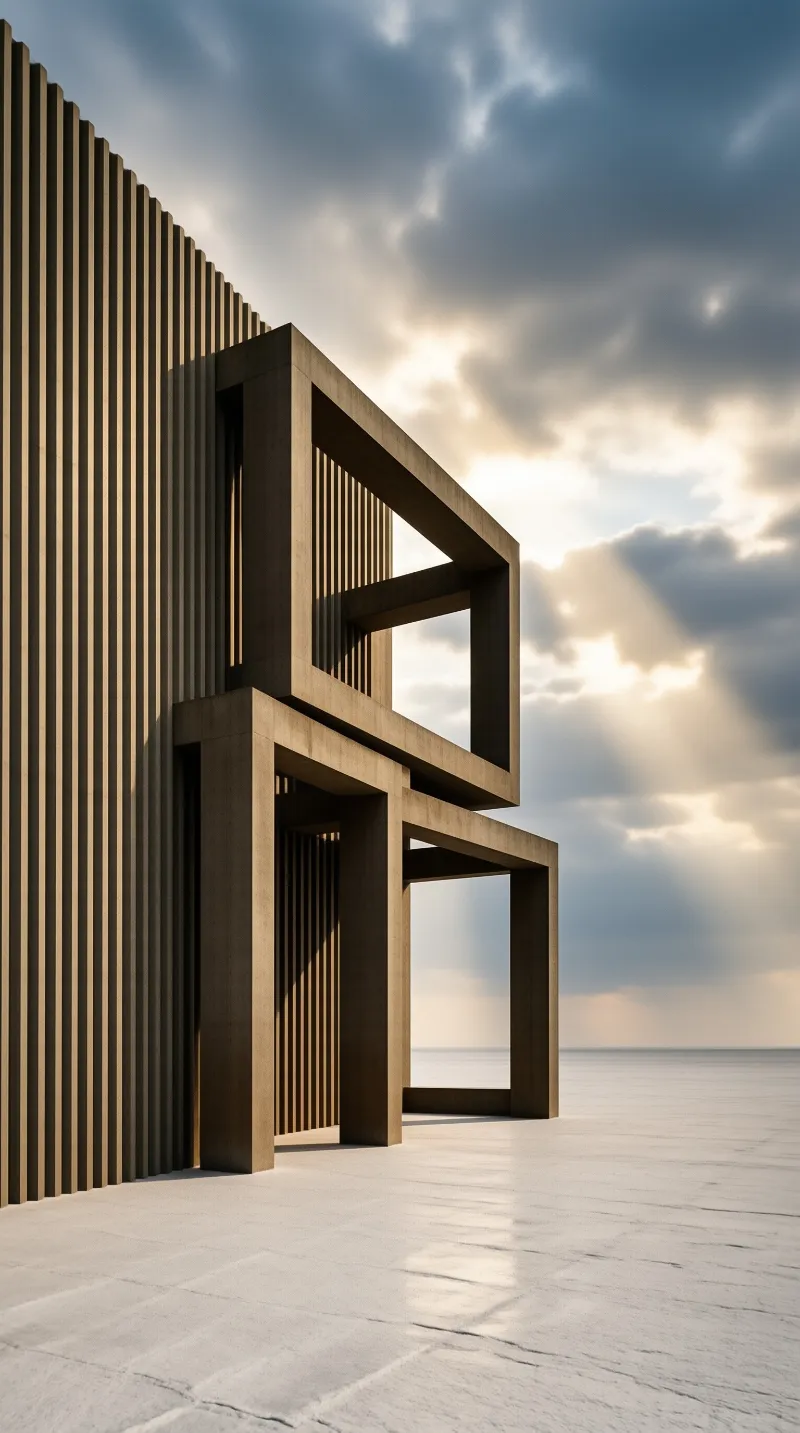 Modern slatted facade and geometric frames stand on a vast salt flat under a partly cloudy sky with sunlight breaking through.