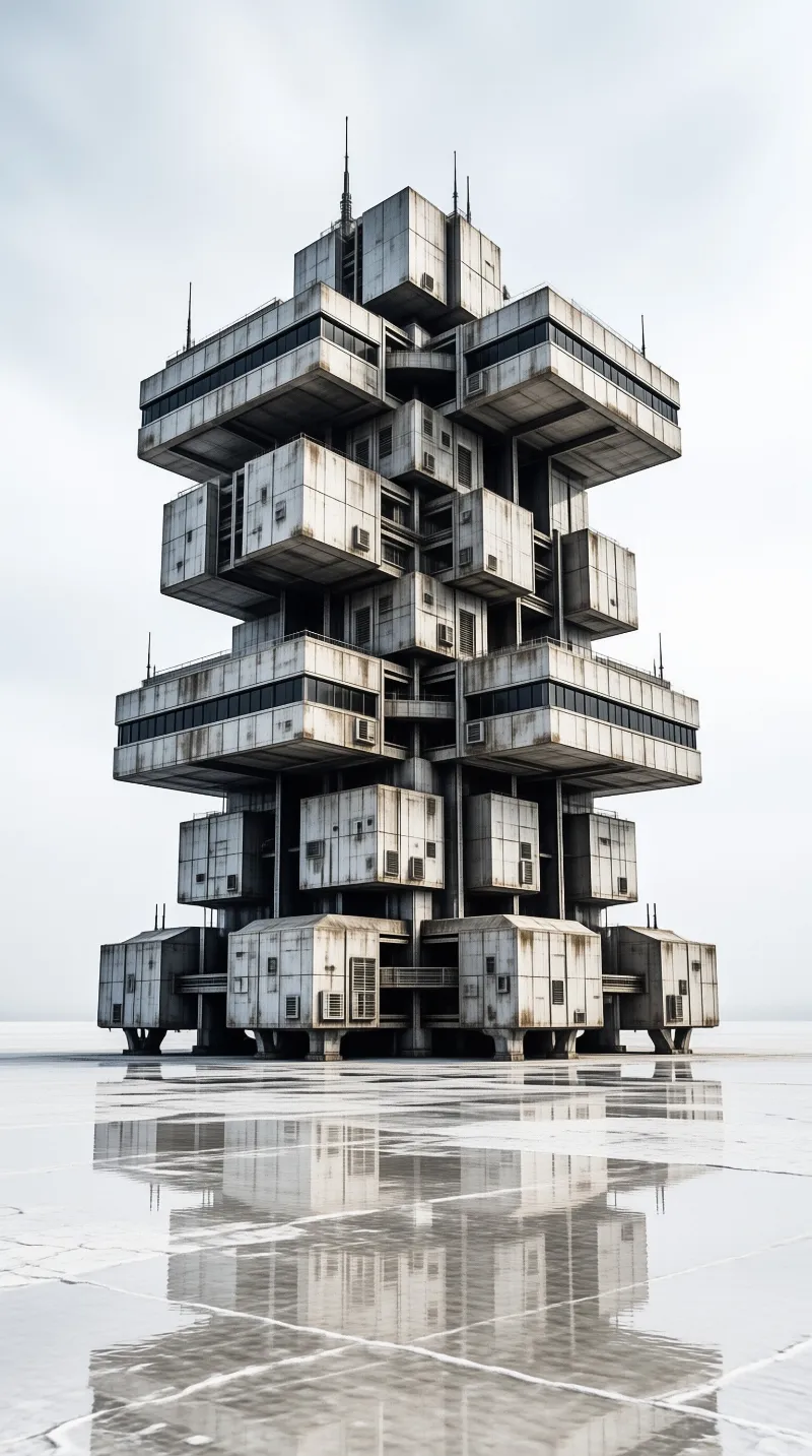 An asymmetric stack of weathered concrete modules rises from a mirror-like flooded plain under grey skies