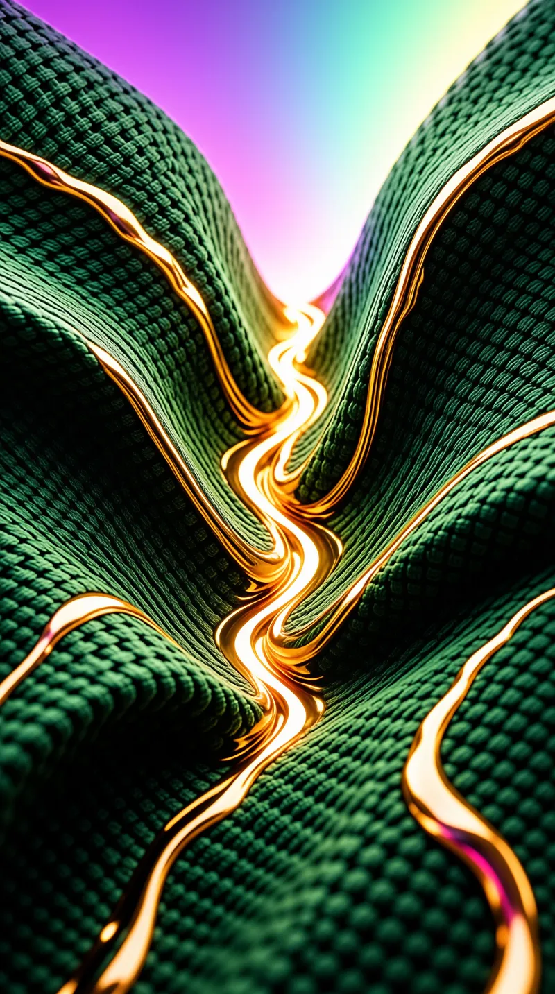 Two rounded mounds of dotted green knit rise around a bright stream of liquid gold on a rainbow horizon.