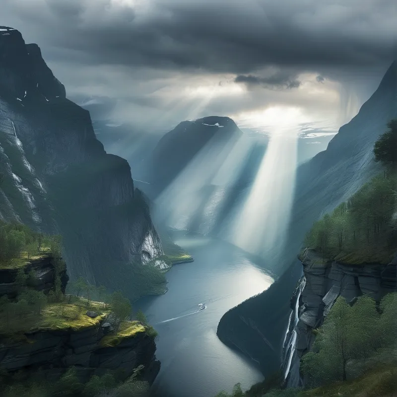 Dark clouds release intense rays over a deep fjord flanked by steep cliffs and waterfalls flowing into the water below.