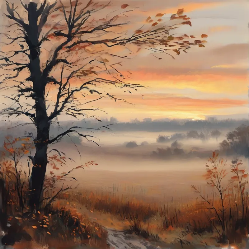 A lone tree dominates the left foreground with falling leaves against a backdrop of misty hills and a glowing orange sky.