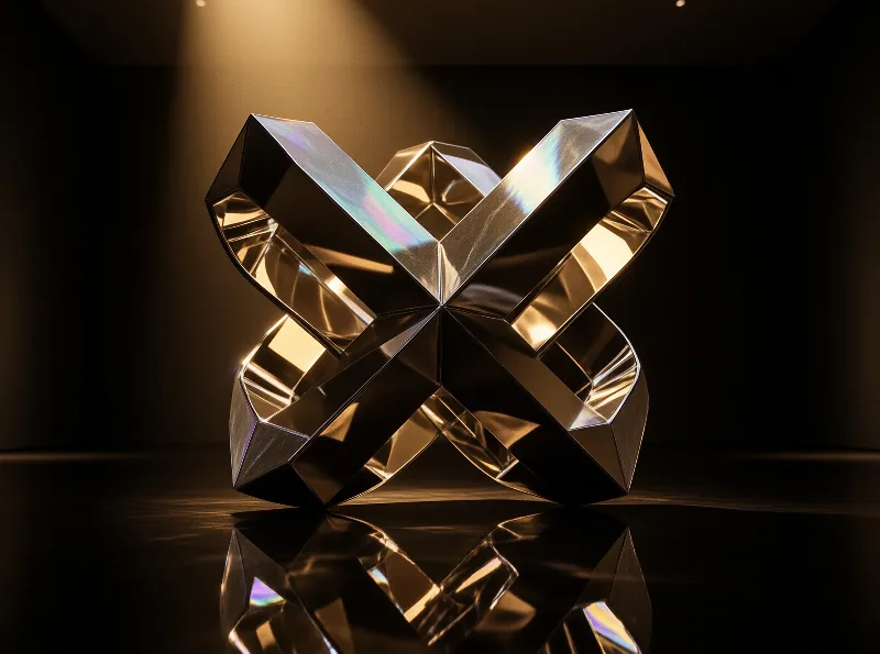 Two mirrored prisms join at their centres, scattering violet and gold light across a polished black floor.