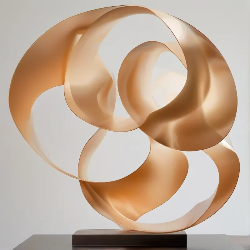 An abstract copper sculpture with fluid twisted loops rests on a dark base against a plain grey wall under soft lighting.