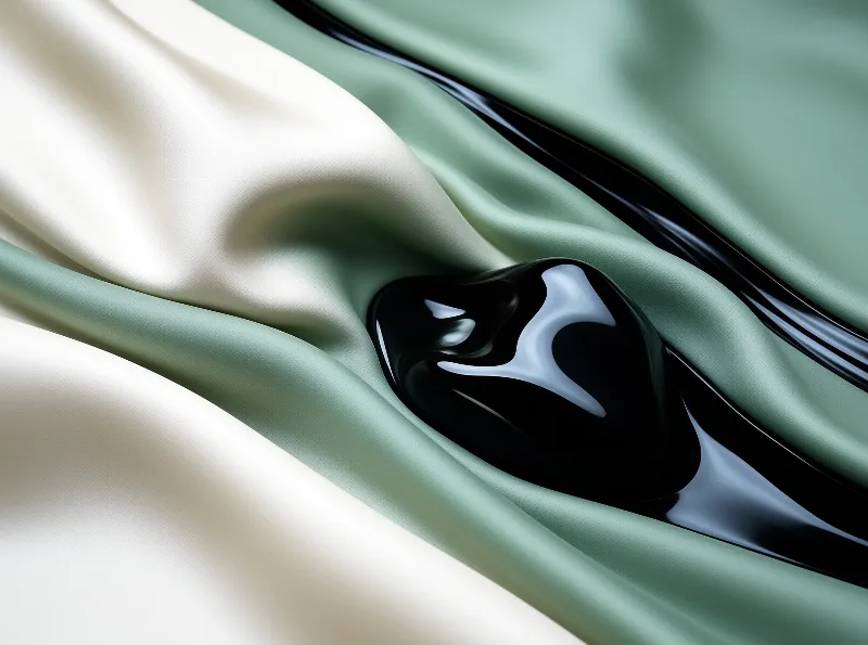 Smooth green and ivory fabric ripples around a glossy dark rivulet that pools like wet ink.