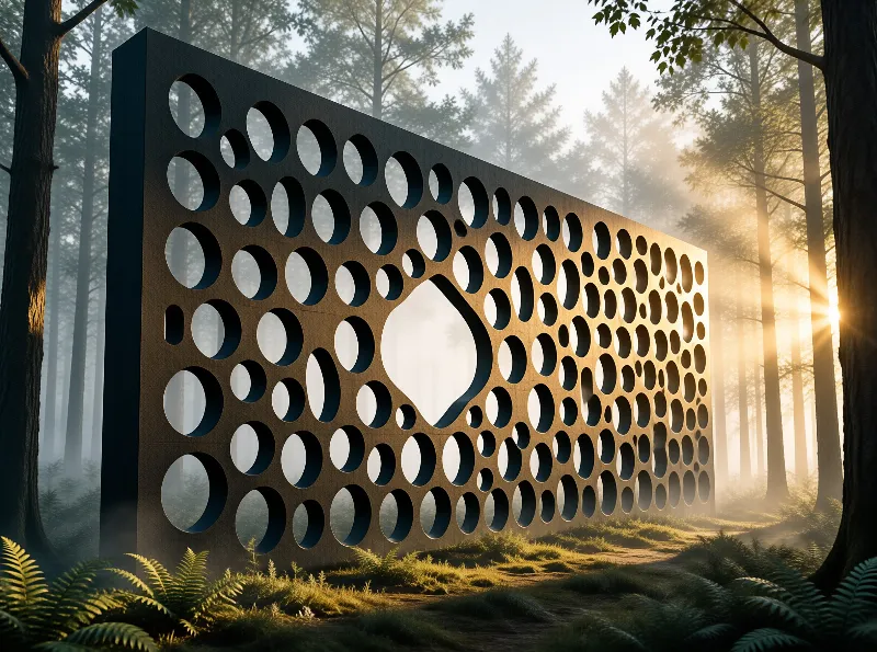 A perforated metal panel with uniform round holes and a single large irregular cutout stands in a foggy evergreen forest, with warm golden sunbeams streaming through the haze on its right.